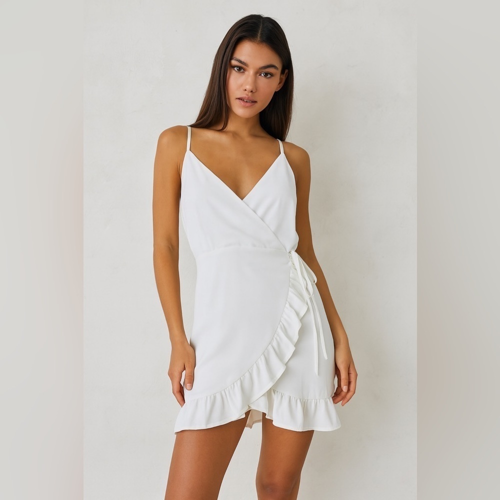Sunset & Spring Feminine Faux Wrap Romper SMALL White Spaghetti Strap V Neck